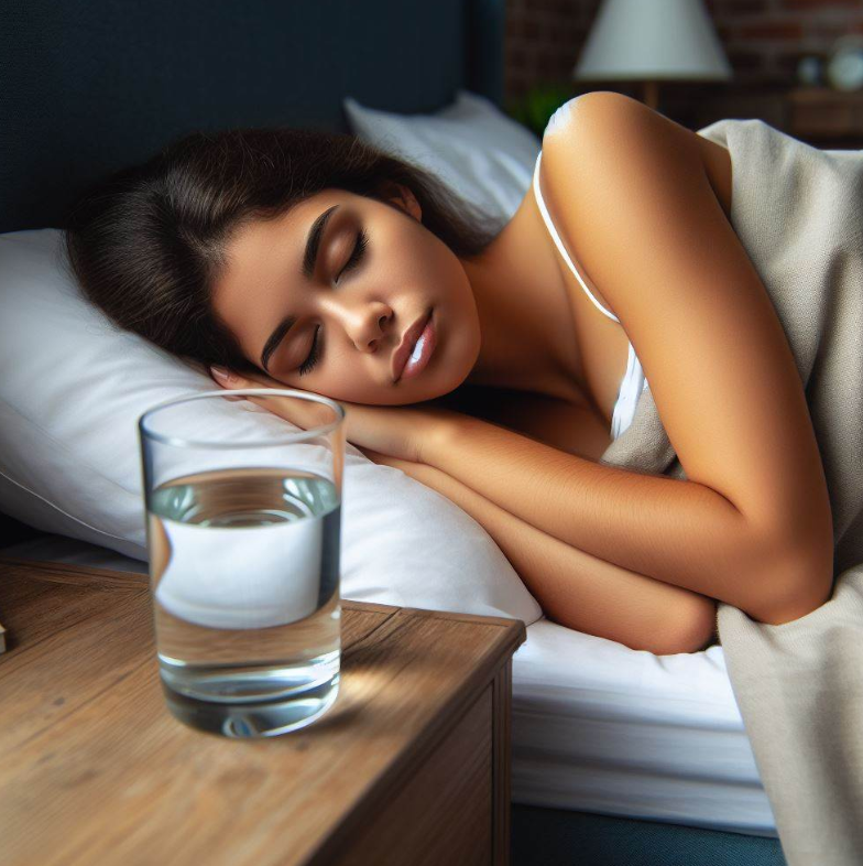 Vaso de agua en mesa de noche junto a la cama de una persona que duerme