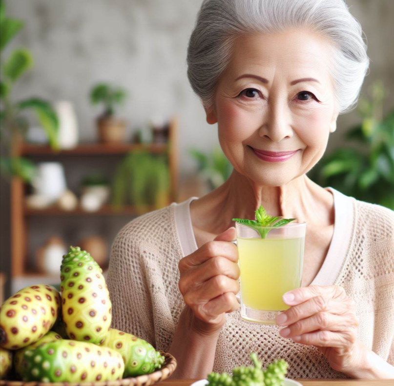 Mujer mayor con jugo de noni