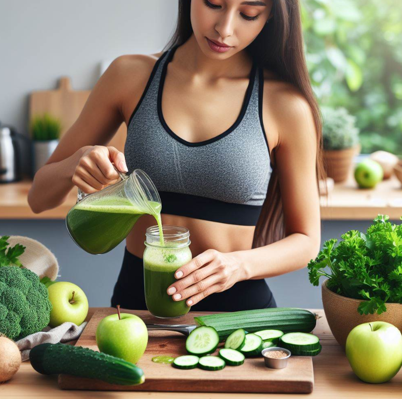 Mujer prepara el licuado de manzana, pepino y perejil para adelgazar