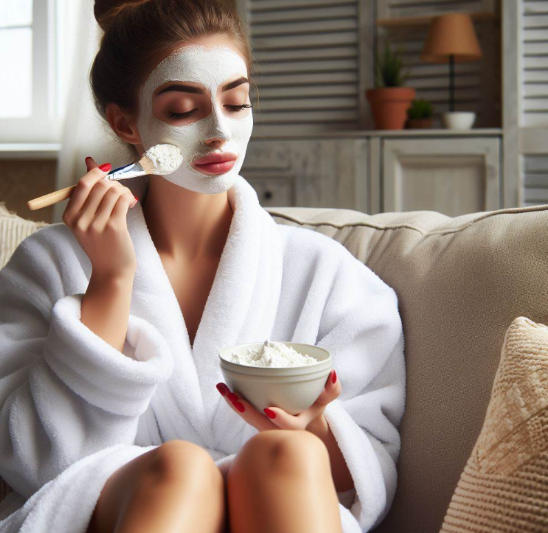 Mujer aplica mascarilla de maicena en el rostro para rejuvenecer