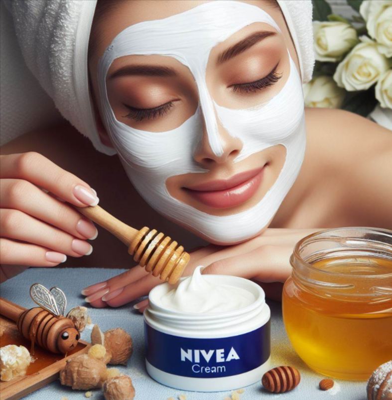 Mujer que crea mascarilla de crema Nivea y miel
