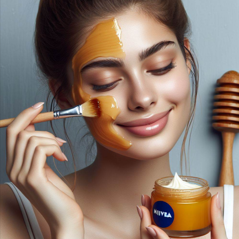Mujer que aplica mascarilla de Nivea y miel
