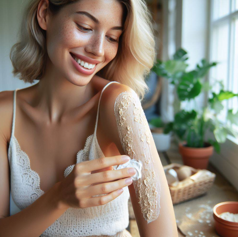 Persona aplicando uso tópico de avena